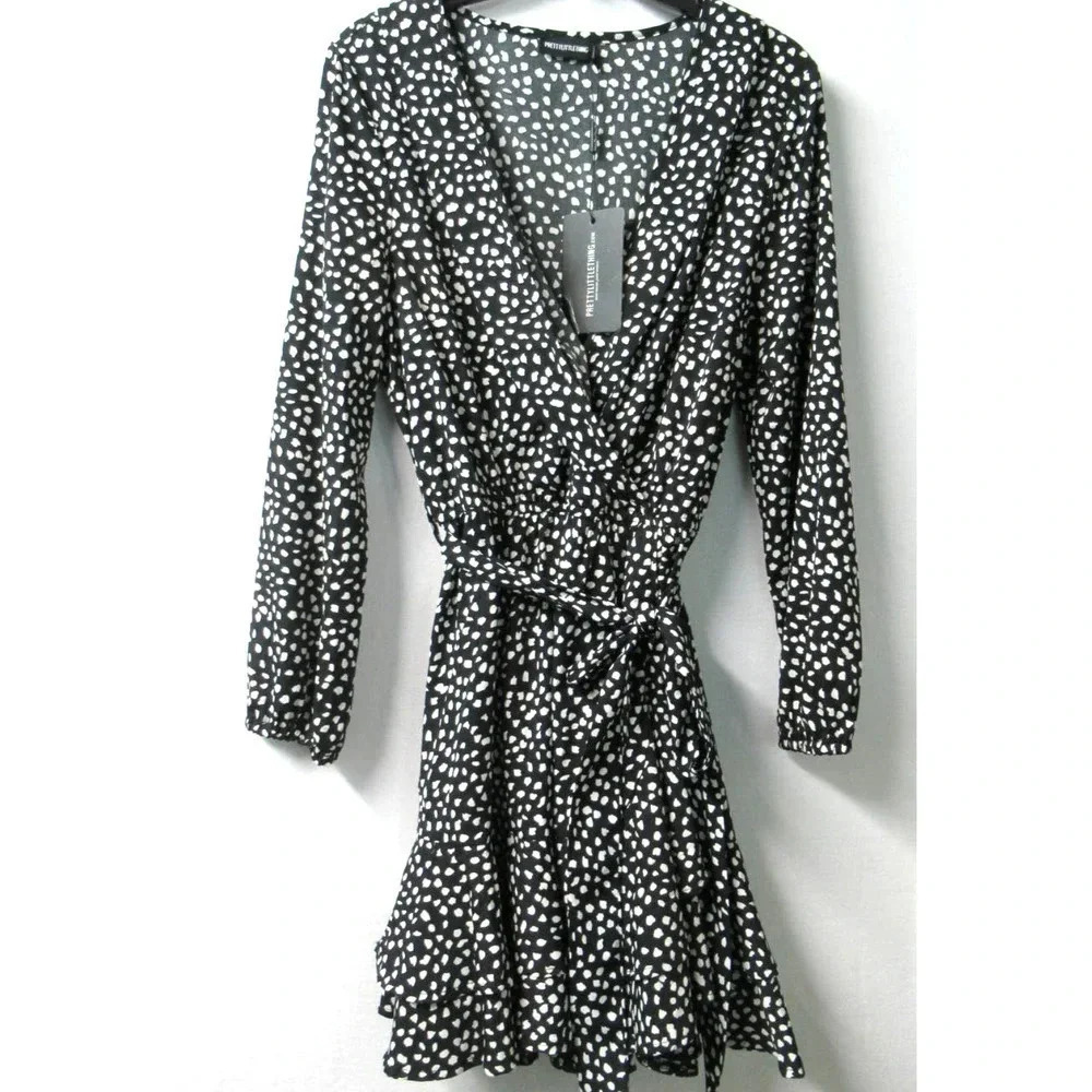 Pretty Little Thing Dalmatian Print Dress Size 10 Wrap Long Sleeve Wrap Tea Belt